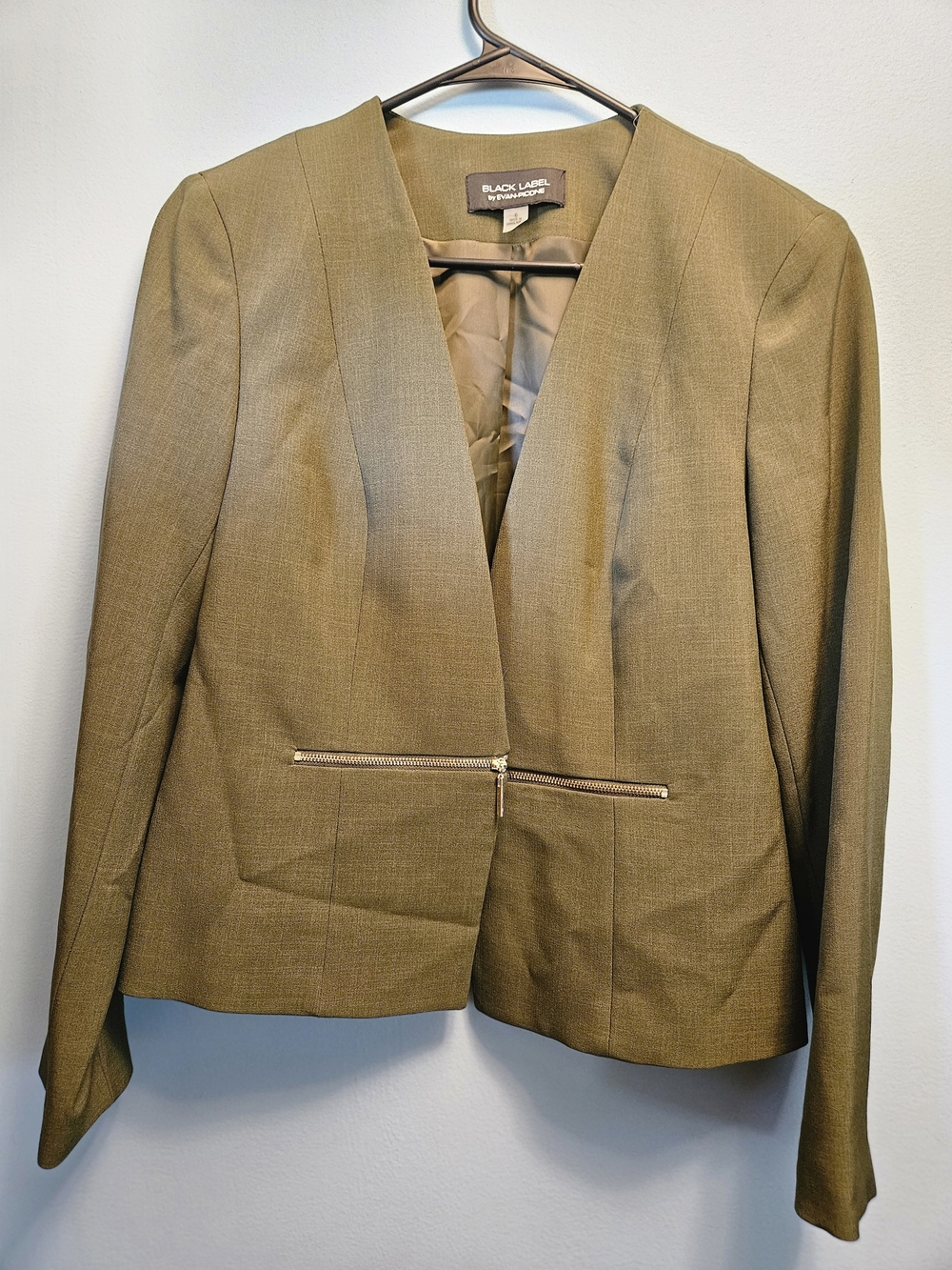 Evan Picone Olive Open-Front Blazer with Zip Accent